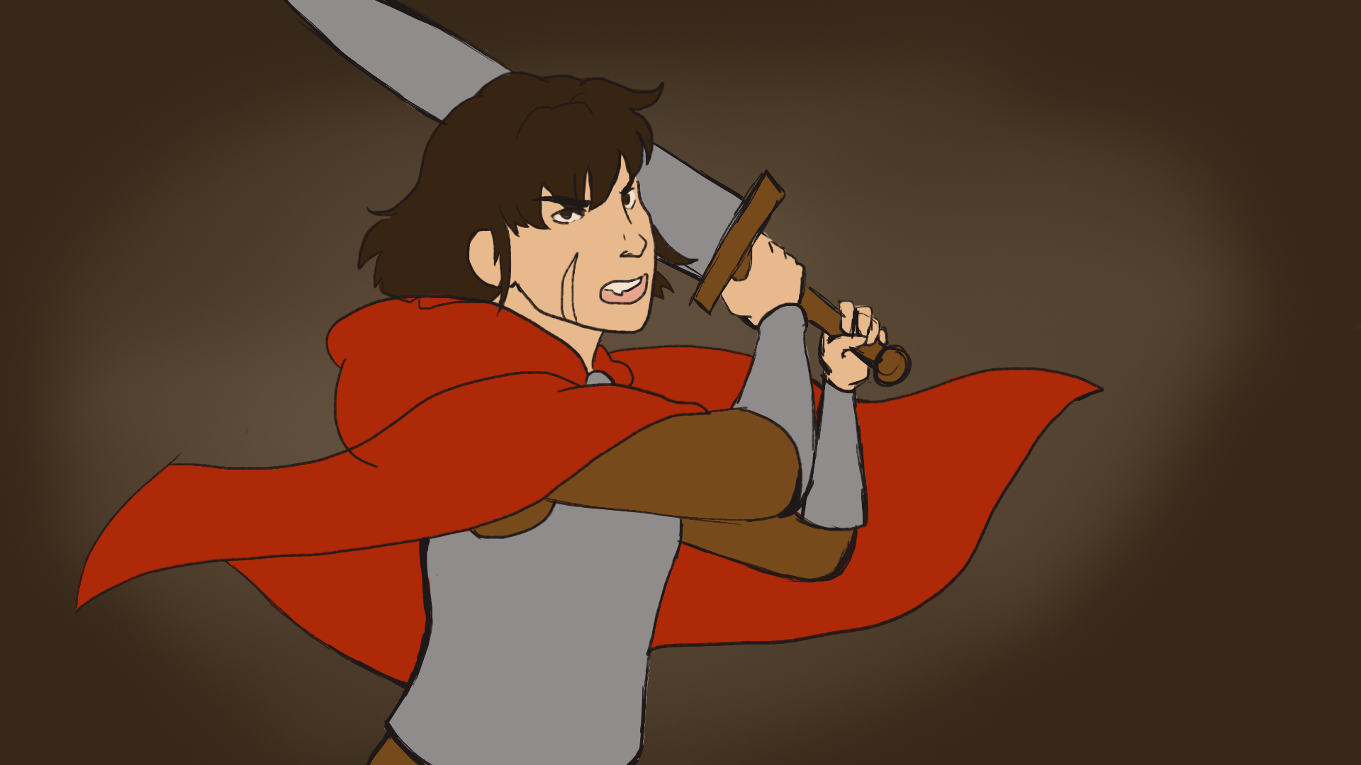 A picture from the game Hood's Revenge developed by Jasmine. Red riding Hood
                        stands from the waist up swinging a sword at the viewer.